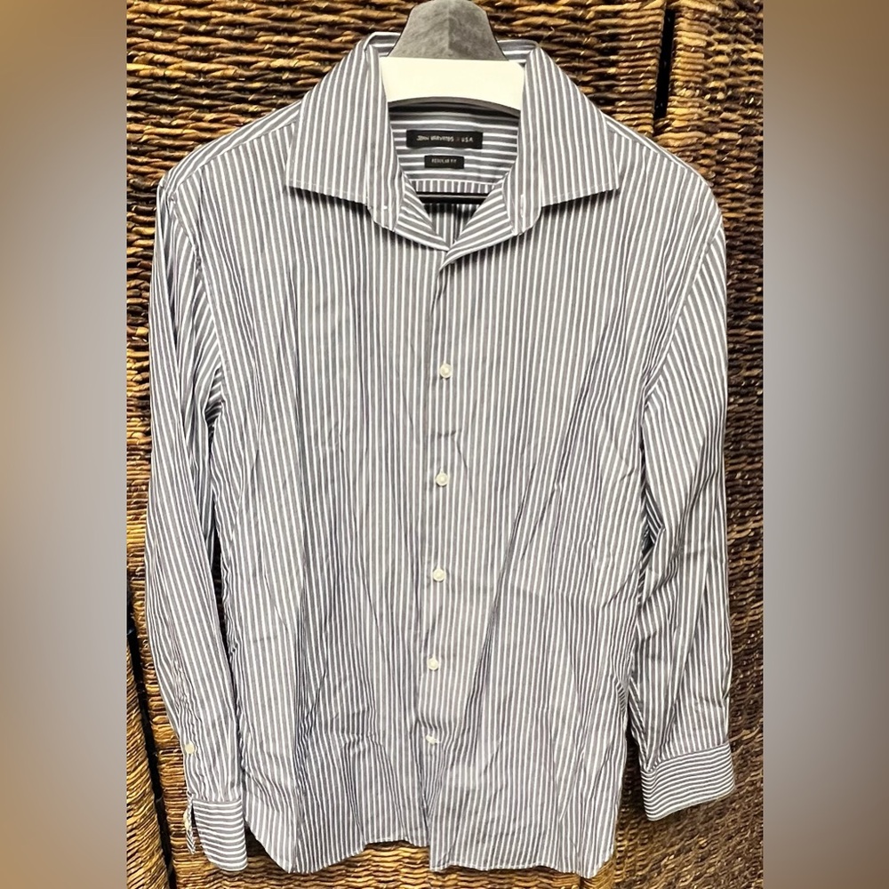 John Varvatos - Black/Navy/White Striped Shirt, Size:15-1/2, 32/33, Mens